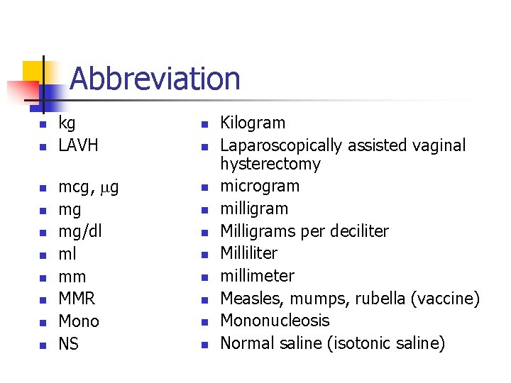 Abbreviation n n kg LAVH mcg, mg mg mg/dl ml mm MMR Mono NS