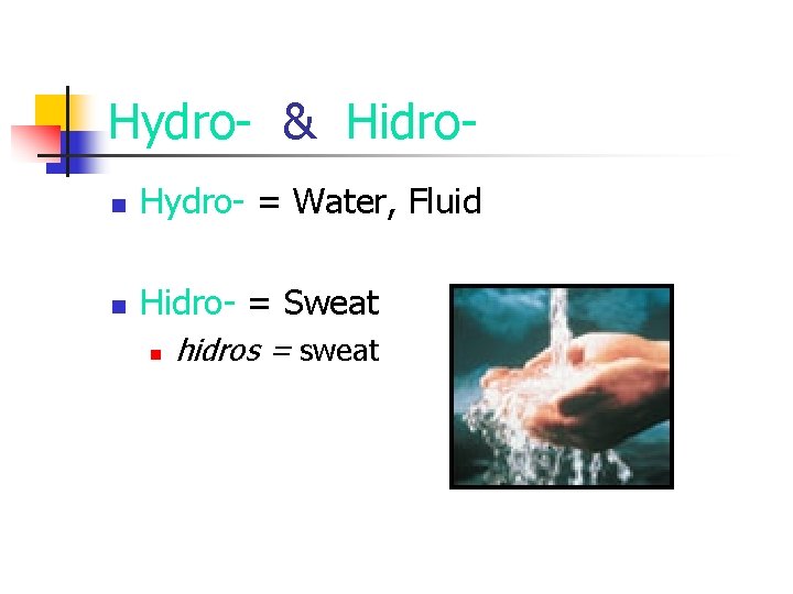 Hydro- & Hidron Hydro- = Water, Fluid n Hidro- = Sweat n hidros =
