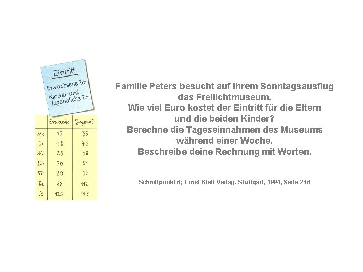 Familie Peters besucht auf ihrem Sonntagsausflug das Freilichtmuseum. Wie viel Euro kostet der Eintritt