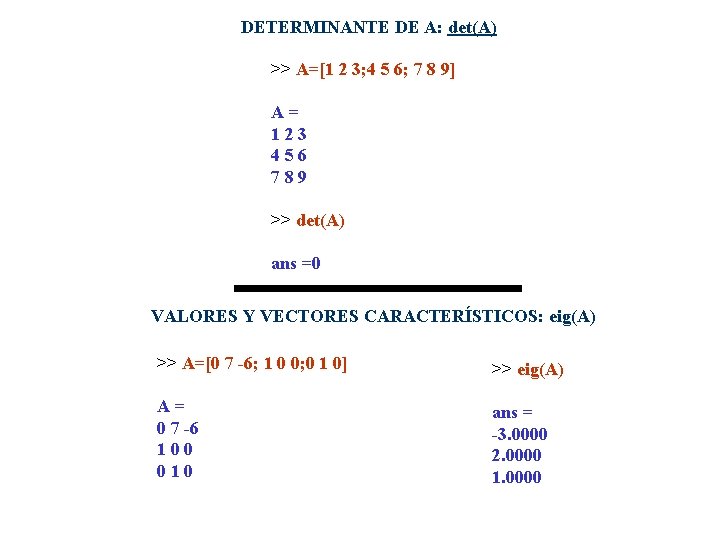DETERMINANTE DE A: det(A) >> A=[1 2 3; 4 5 6; 7 8 9]