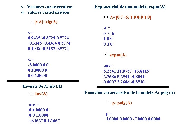 v - Vectores característicos d - valores característicos >> [v d]=eig(A) v= 0. 9435
