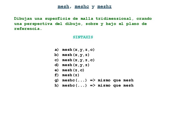 mesh, meshc y meshz Dibujan una superficie de malla tridimensional, crando una perspectiva del