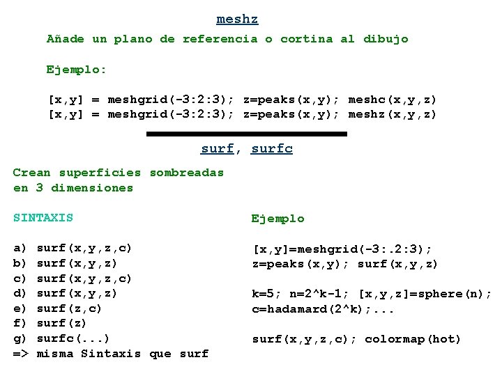 meshz Añade un plano de referencia o cortina al dibujo Ejemplo: [x, y] =