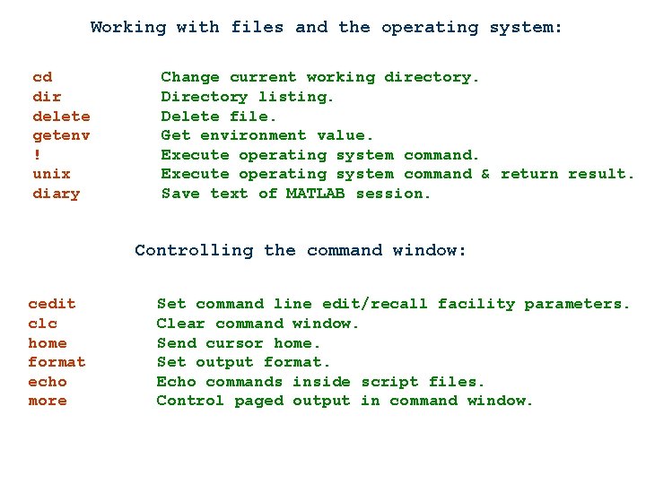 Working with files and the operating system: cd dir delete getenv ! unix diary