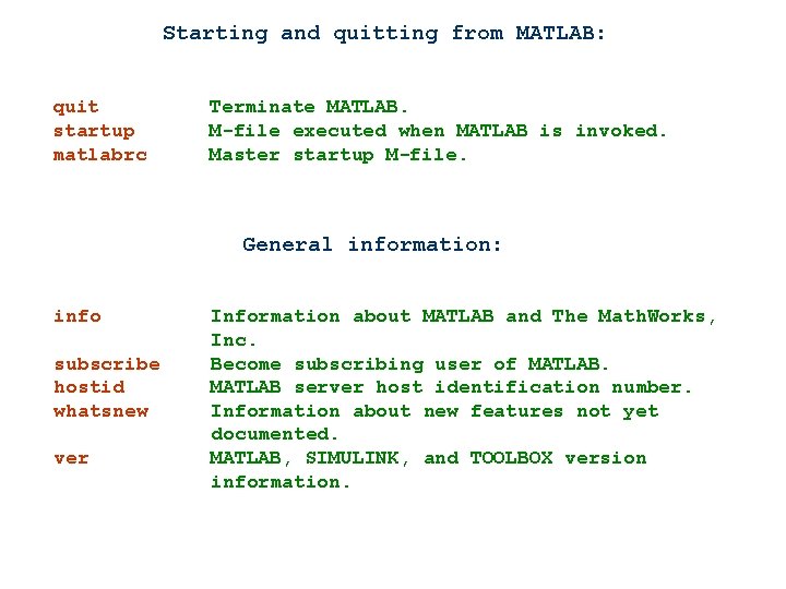 Starting and quitting from MATLAB: quit startup matlabrc Terminate MATLAB. M-file executed when MATLAB