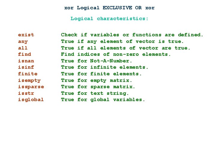xor Logical EXCLUSIVE OR xor Logical characteristics: exist any all find isnan isinf finite