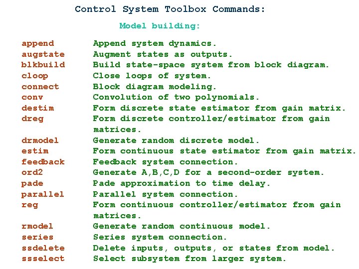 Control System Toolbox Commands: Model building: append augstate blkbuild cloop connect conv destim dreg