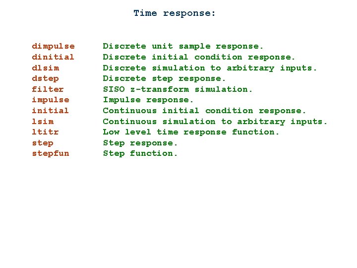 Time response: dimpulse dinitial dlsim dstep filter impulse initial lsim ltitr stepfun Discrete unit