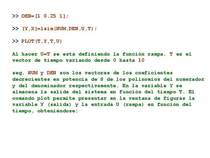 >> DEN=[1 0. 25 1]; >> [Y, X]=lsim(NUM, DEN, U, T); >> PLOT(T, Y,