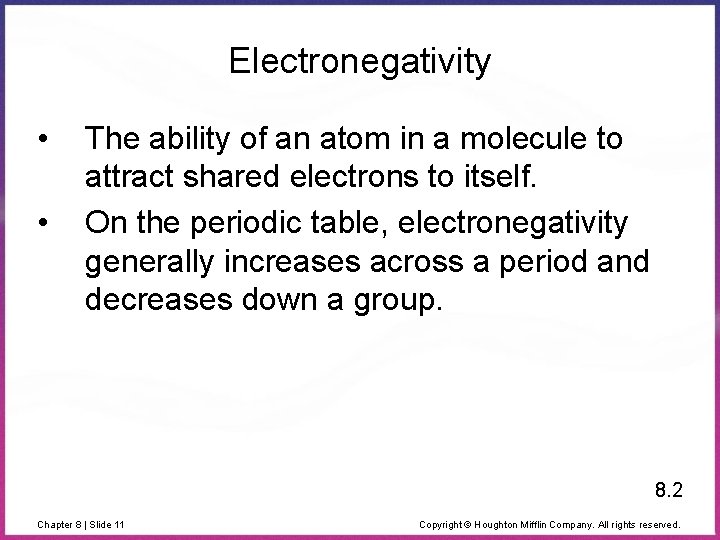 Electronegativity • • The ability of an atom in a molecule to attract shared