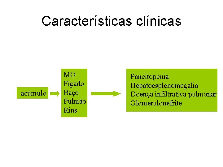 Características clínicas acúmulo MO Fígado Baço Pulmão Rins Pancitopenia Hepatoesplenomegalia Doença infiltrativa pulmonar Glomerulonefrite