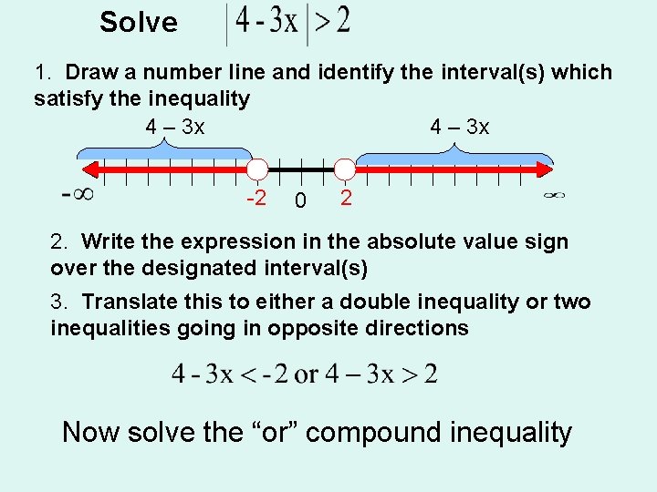 Solve 1. Draw a number line and identify the interval(s) which satisfy the inequality
