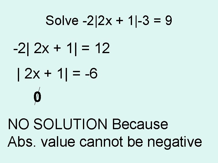 Solve -2|2 x + 1|-3 = 9 -2| 2 x + 1| = 12