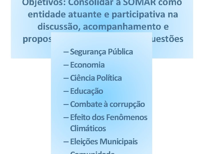 Objetivos: Consolidar a SOMAR como entidade atuante e participativa na discussão, acompanhamento e proposição