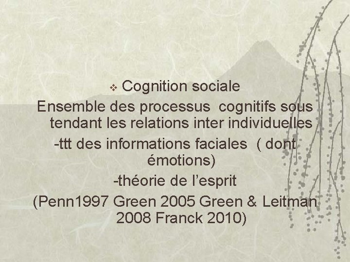 Cognition sociale Ensemble des processus cognitifs sous tendant les relations inter individuelles -ttt des