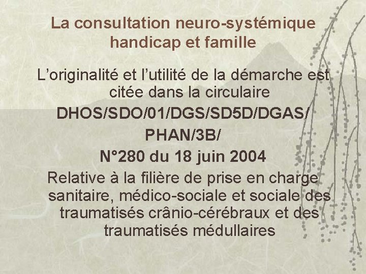 La consultation neuro-systémique handicap et famille L’originalité et l’utilité de la démarche est citée