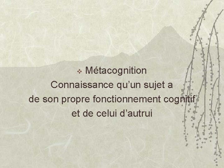 Métacognition Connaissance qu’un sujet a de son propre fonctionnement cognitif et de celui d’autrui