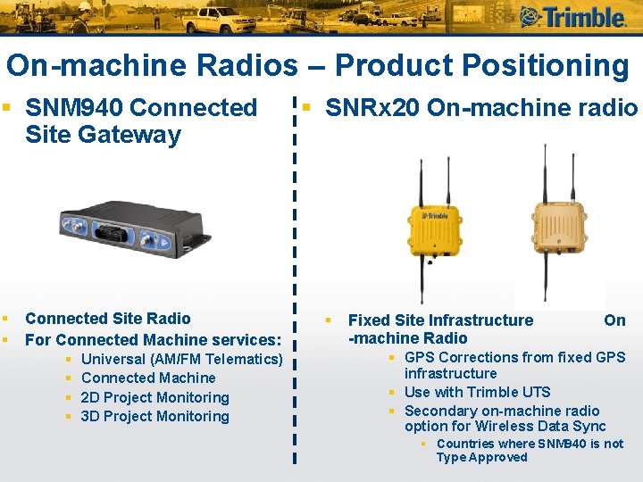 On-machine Radios – Product Positioning § SNM 940 Connected Site Gateway § § Connected