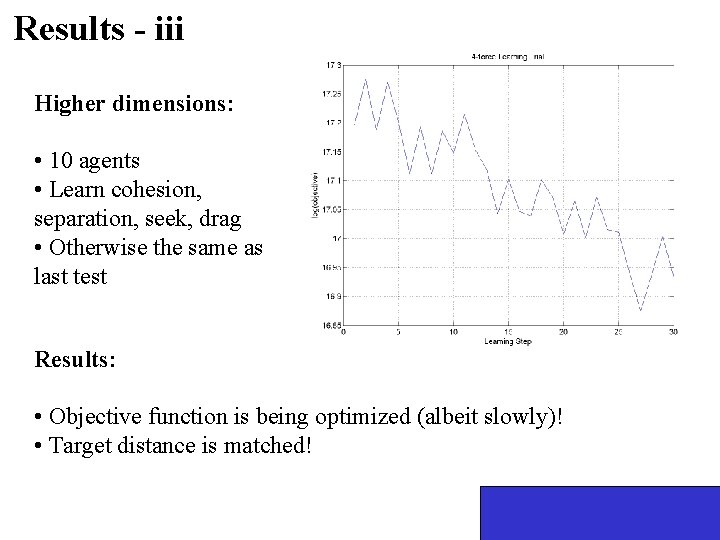 Results - iii Higher dimensions: • 10 agents • Learn cohesion, separation, seek, drag