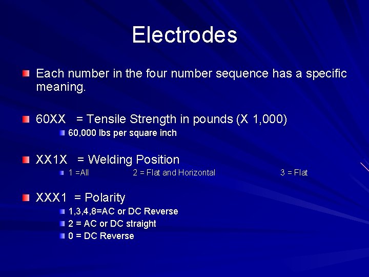 Electrodes Each number in the four number sequence has a specific meaning. 60 XX