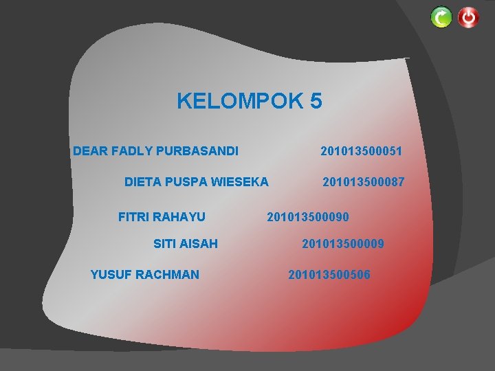 KELOMPOK 5 DEAR FADLY PURBASANDI 201013500051 DIETA PUSPA WIESEKA FITRI RAHAYU SITI AISAH YUSUF