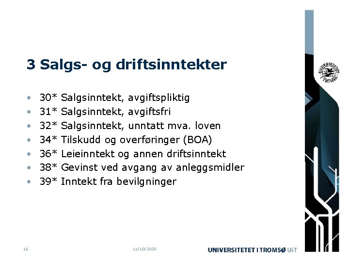 3 Salgs- og driftsinntekter • • 16 30* Salgsinntekt, avgiftspliktig 31* Salgsinntekt, avgiftsfri 32*