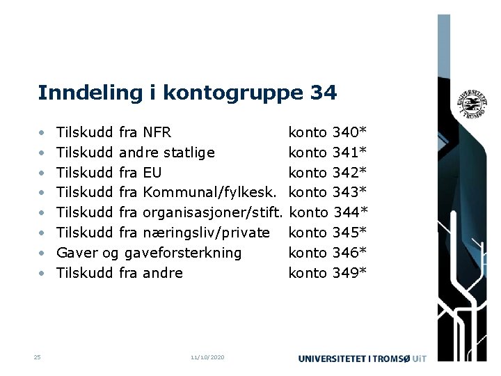 Inndeling i kontogruppe 34 • • 25 Tilskudd fra NFR konto 340* Tilskudd andre