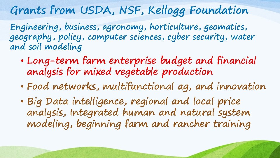 Grants from USDA, NSF, Kellogg Foundation Engineering, business, agronomy, horticulture, geomatics, geography, policy, computer
