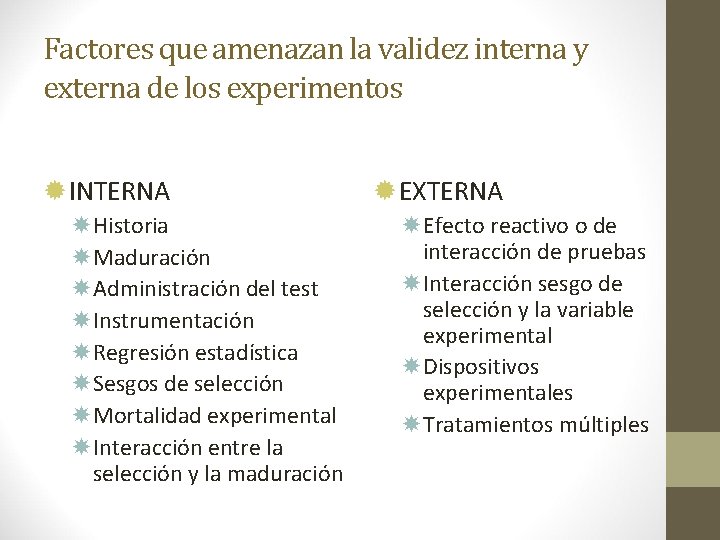 Factores que amenazan la validez interna y externa de los experimentos INTERNA Historia Maduración