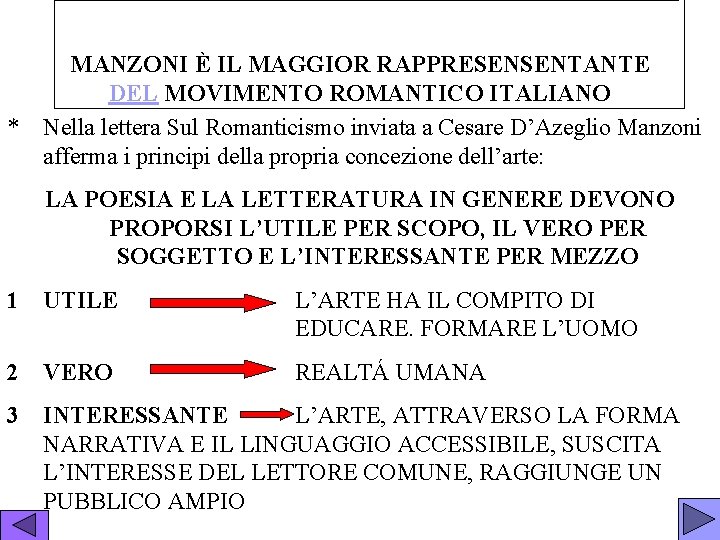 MANZONI È IL MAGGIOR RAPPRESENSENTANTE DEL MOVIMENTO ROMANTICO ITALIANO * Nella lettera Sul Romanticismo