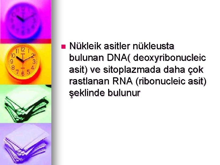 n Nükleik asitler nükleusta bulunan DNA( deoxyribonucleic asit) ve sitoplazmada daha çok rastlanan RNA