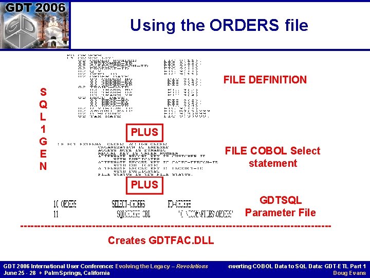 Using the ORDERS file FILE DEFINITION S Q L 1 G E N PLUS Using the ORDERS file FILE DEFINITION S Q L 1 G E N PLUS