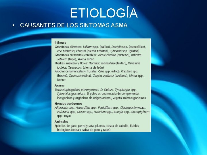 ETIOLOGÍA • CAUSANTES DE LOS SINTOMAS ASMA 