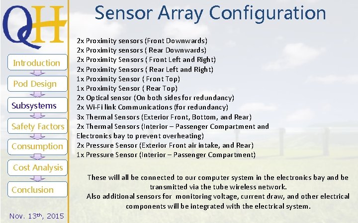 Sensor Array Configuration Introduction Pod Design Subsystems Safety Factors Consumption Cost Analysis Conclusion Nov.