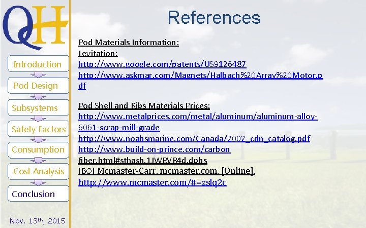 References Introduction Pod Design Subsystems Safety Factors Consumption Cost Analysis Conclusion Nov. 13 th,