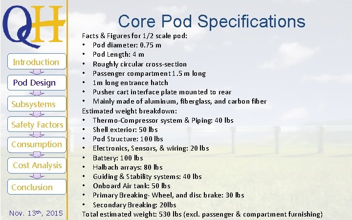 Core Pod Specifications Introduction Pod Design Subsystems Safety Factors Consumption Cost Analysis Conclusion Nov.