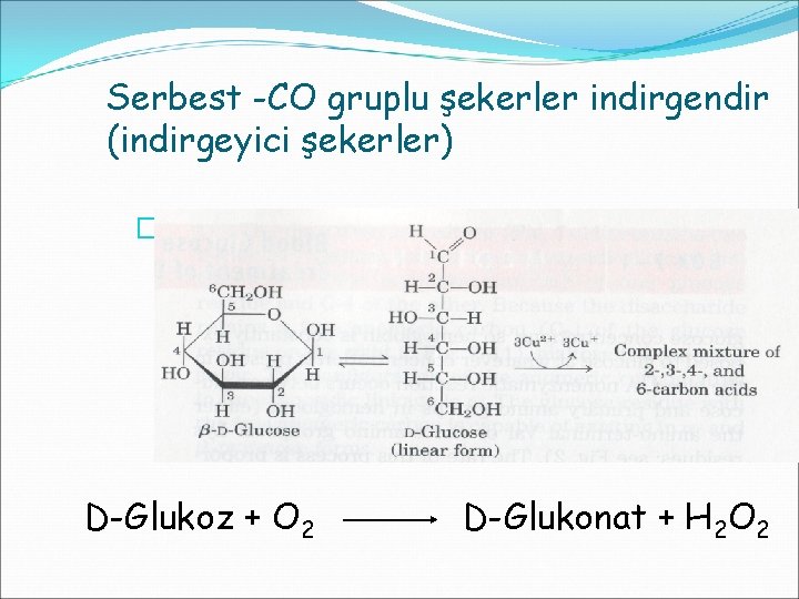 Serbest -CO gruplu şekerler indirgendir (indirgeyici şekerler) �D-Glukoz + O 2 D-Glukonat + H