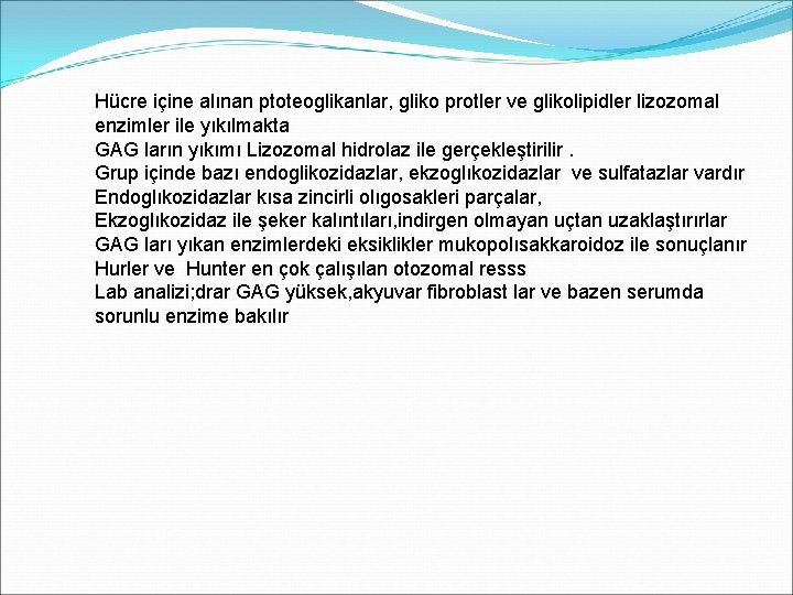 Hücre içine alınan ptoteoglikanlar, gliko protler ve glikolipidler lizozomal enzimler ile yıkılmakta GAG ların