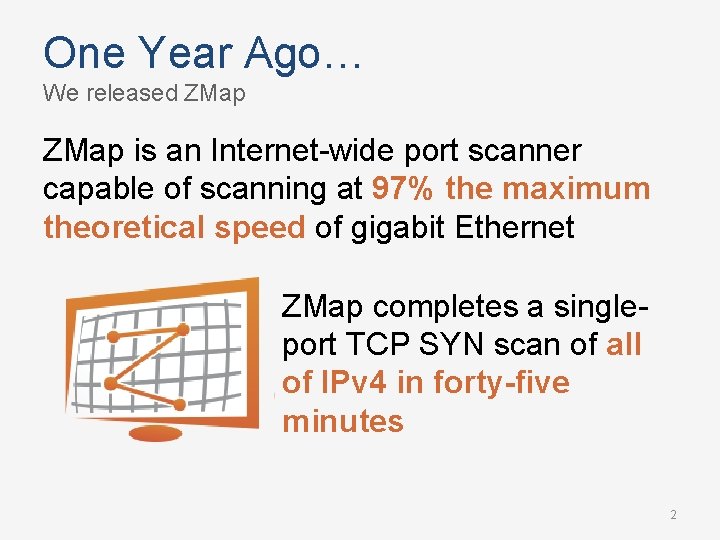 One Year Ago… We released ZMap is an Internet-wide port scanner capable of scanning