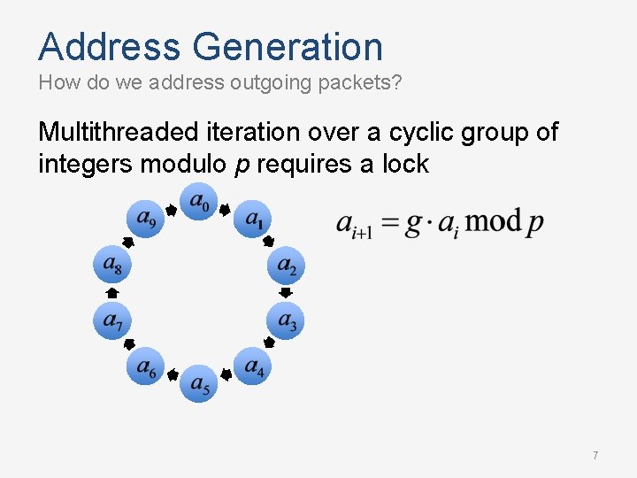 Address Generation How do we address outgoing packets? Multithreaded iteration over a cyclic group