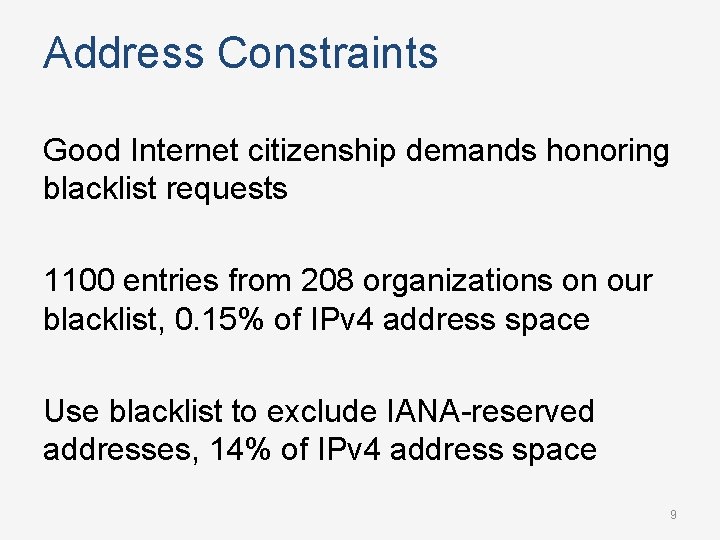 Address Constraints Good Internet citizenship demands honoring blacklist requests 1100 entries from 208 organizations