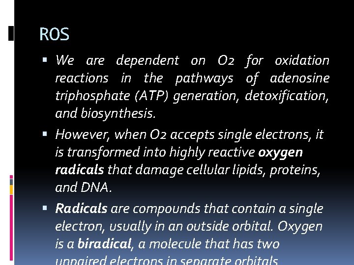 ROS We are dependent on O 2 for oxidation reactions in the pathways of