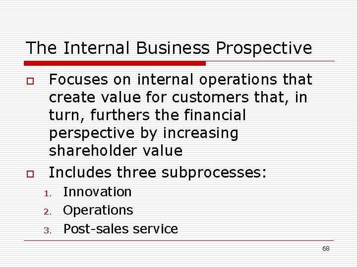 The Internal Business Prospective o o Focuses on internal operations that create value for