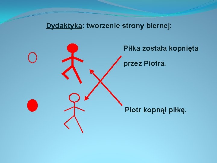 Dydaktyka: tworzenie strony biernej: Piłka została kopnięta przez Piotra. Piotr kopnął piłkę. 