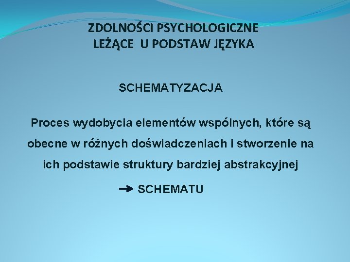 ZDOLNOŚCI PSYCHOLOGICZNE LEŻĄCE U PODSTAW JĘZYKA SCHEMATYZACJA Proces wydobycia elementów wspólnych, które są obecne