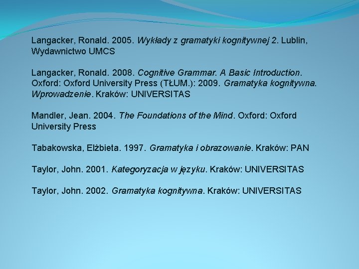 Langacker, Ronald. 2005. Wykłady z gramatyki kognitywnej 2. Lublin, Wydawnictwo UMCS Langacker, Ronald. 2008.