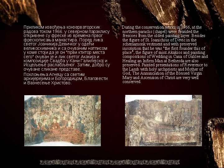 Приликом извођења конзерваторских радова током 1966. у северном параклису откривене су фреске из времена