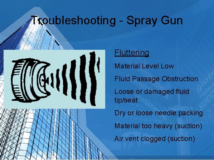 Troubleshooting - Spray Gun Fluttering Material Level Low Fluid Passage Obstruction Loose or damaged