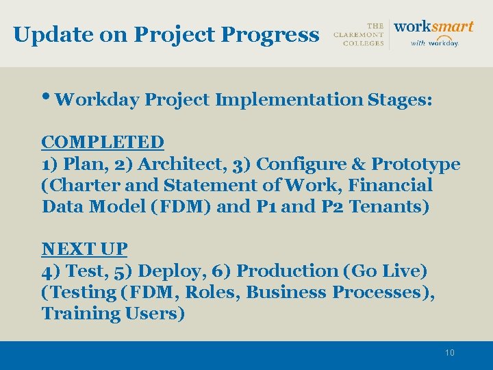Update on Project Progress • Workday Project Implementation Stages: COMPLETED 1) Plan, 2) Architect,