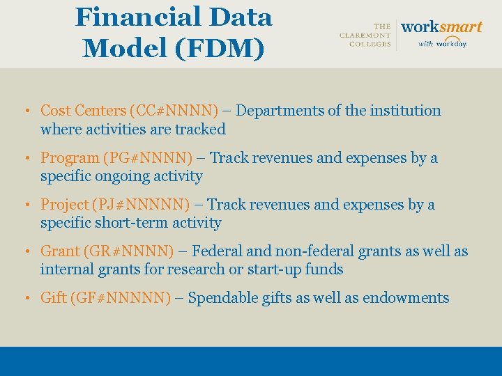 Financial Data Model (FDM) • Cost Centers (CC#NNNN) – Departments of the institution where